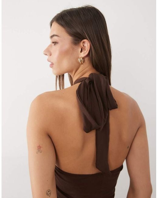 ASOS Brown Halter Open Back Midi Dress With Twisted Neck Detail