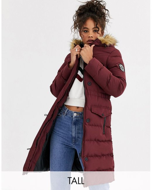 Brave Soul Whitehorse Padded Long Jacket With Faux Fur Trim Hood-red