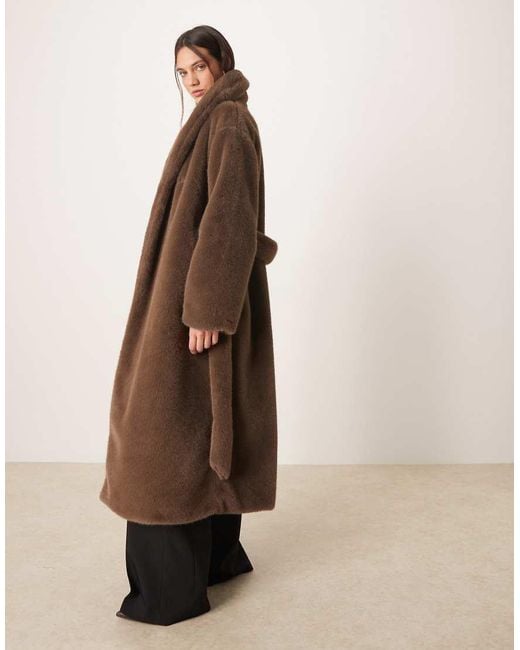 Gina Tricot Brown Faux Fur Belted Long Coat
