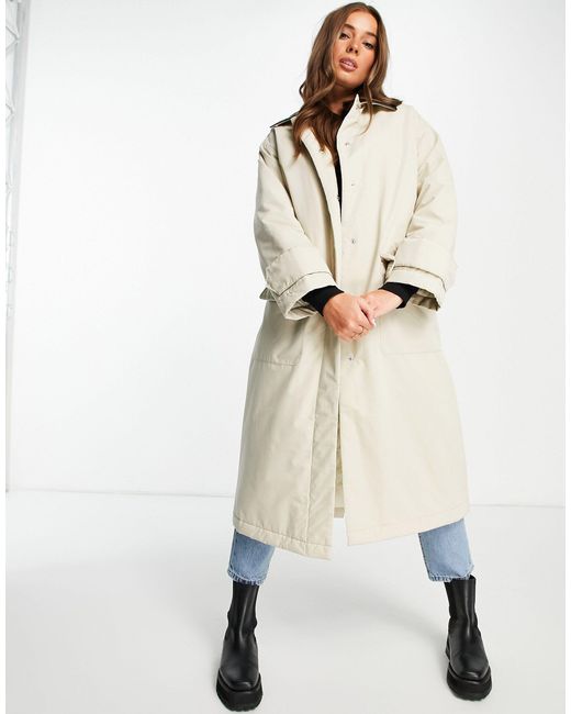 ASOS Faux Leather Collared Boyfriend Trench Coat in Natural - Lyst