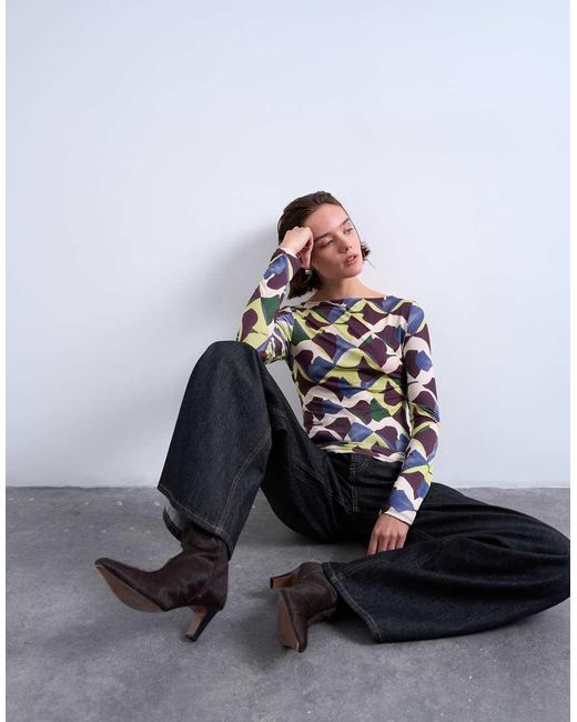 TOPSHOP White Microfibre Painted Geo Print Long Sleeve Top