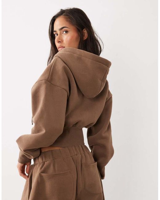 Wanderdoll Natural Sloane Premium Cotton Blend Cropped Zip Through Hoodie Co-ord