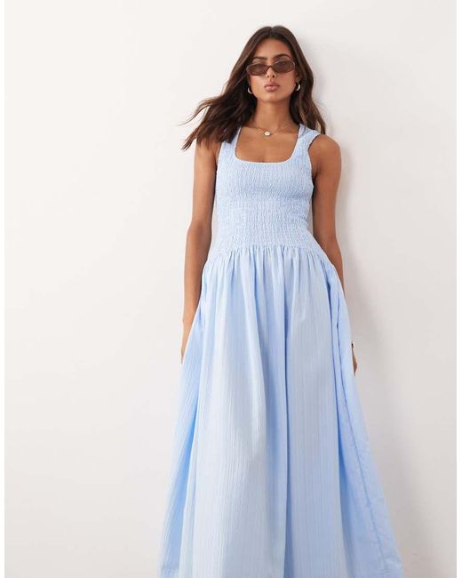 ASOS Blue Crinkle Scoop Neck Maxi Sundress With Shirred Waist