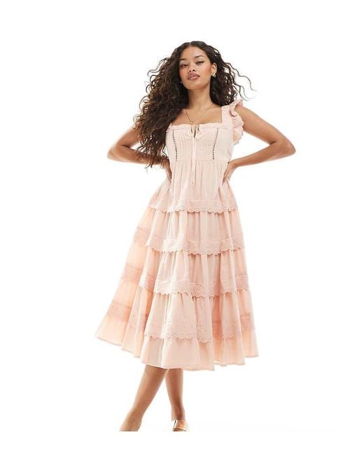Vestido Midi De Estilo Babydoll De Encaje Con Ribete De Bordado Inglés De -Amarillo Miss Selfridge de color Pink