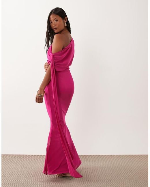 TFNC London Pink Mesh Draped One Shoulder Tie Detail Maxi Dress
