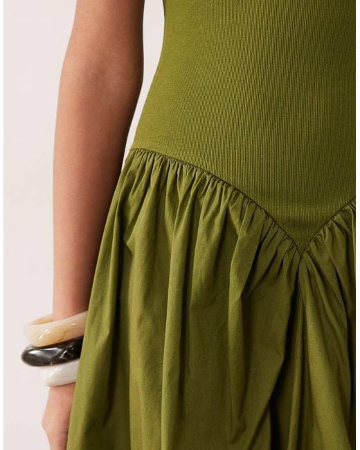 ASOS Green Basque Waist Midi Dress With Woven Skirt