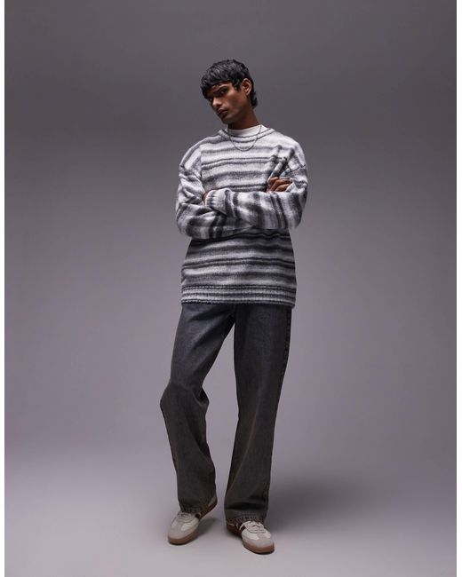 Topman Gray Relaxed Fit Fluffy Stripe Jumper for men