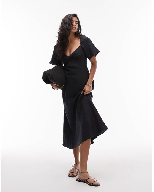 & Other Stories Black Linen Puff Sleeve Midaxi Dress With Twist Sweetheart Neckline