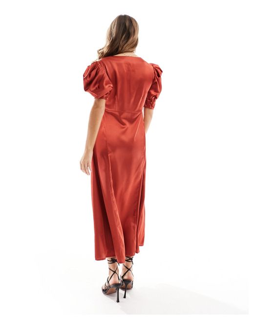 ASOS Red Asos Design Petite Satin V Neck Midi Tea Dress With Puff Sleeves