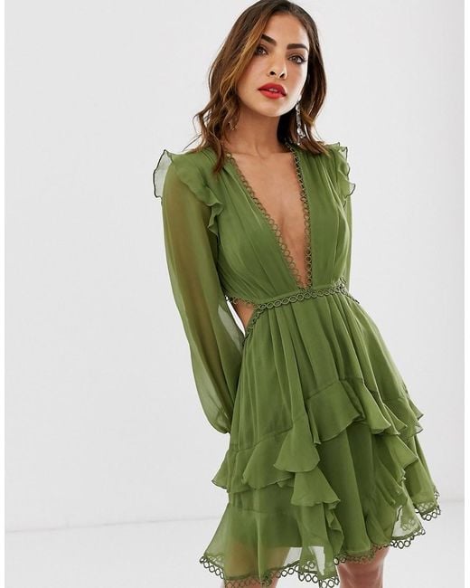 ASOS Green Mini Dress With Long Sleeve And Circle Trim