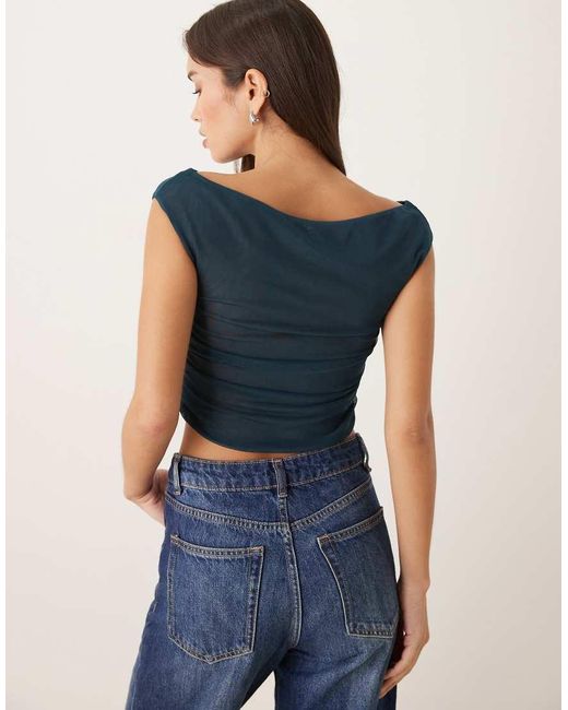 Cotton On Blue Gathered Mesh Off Shoulder Top