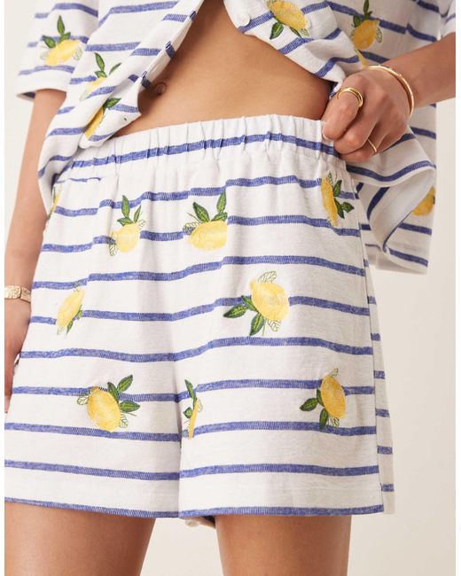 ASOS Natural Stripe Shorts With Lemon Embroidery