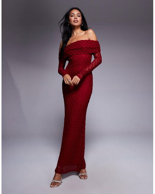 Bardot Adoni Flocked Off The Shoulder Long Sleeve Maxi Dress in Red | Lyst