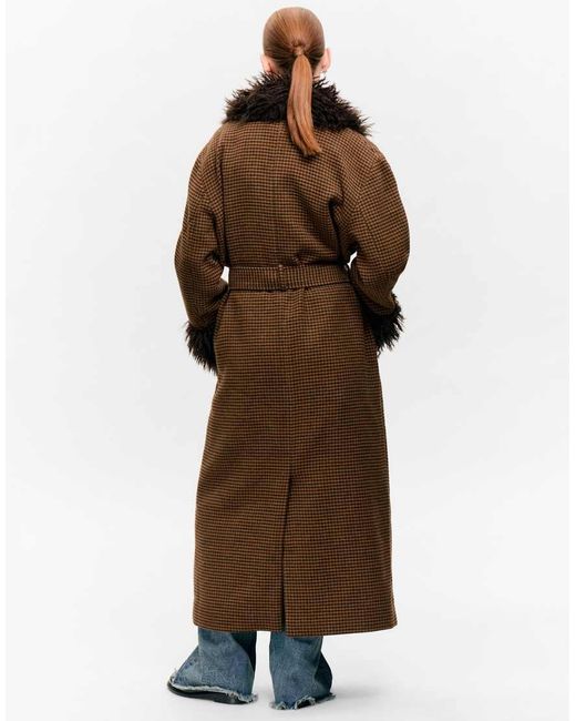 Monki Black Wool Blend Belted Maxi Coat With Fur Collar And Cuffs Detail