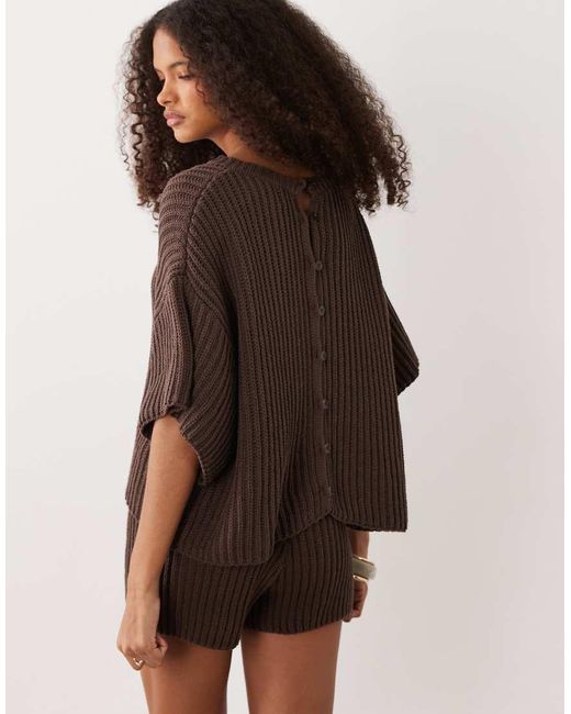 SNDY'S Brown Cotton Rich Knitted Reversible Cropped Dropped Shoulder Cardigan Co-Ord