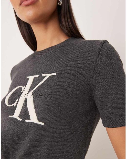 Calvin Klein Gray Monogram Logo Cropped Knitted Top