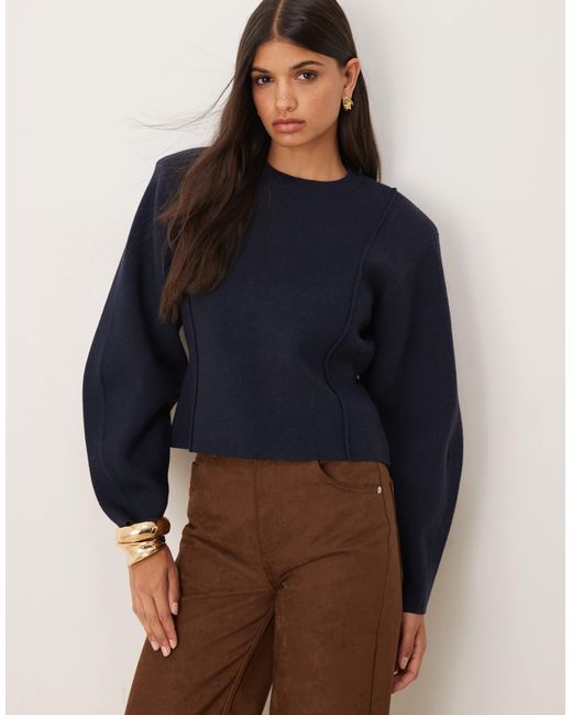 ASOS Blue Structured Waisted Jumper With Shoulder Pads