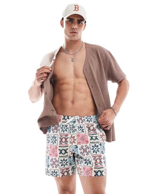 Hollister White 5inch Tile Print Swim Shorts for men