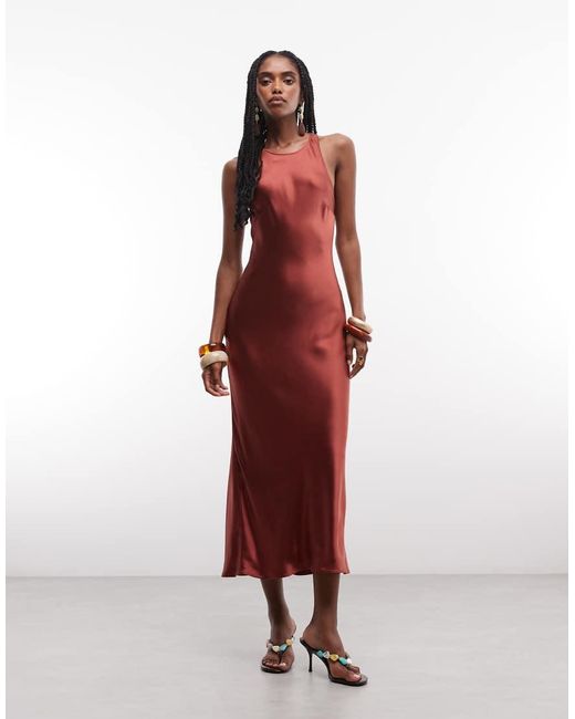 & Other Stories Red Bias Cut Satin Midi Dress