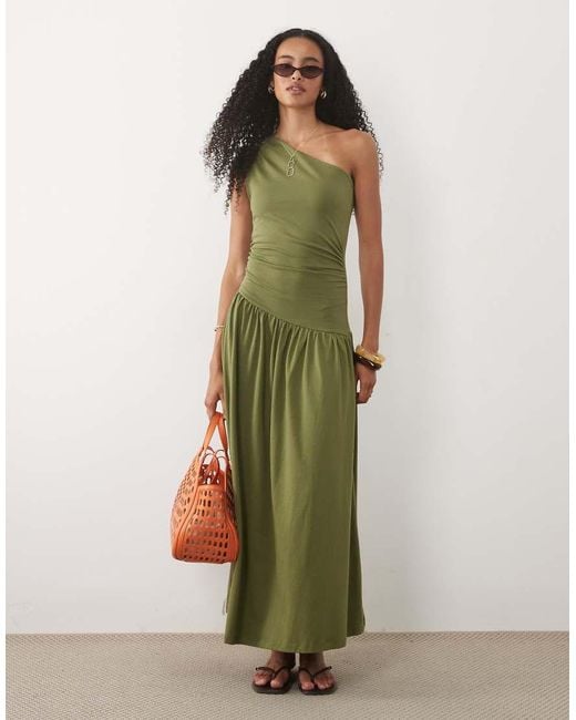 ASOS Green Ruched One Shoulder Dropped Waist Maxi Dress