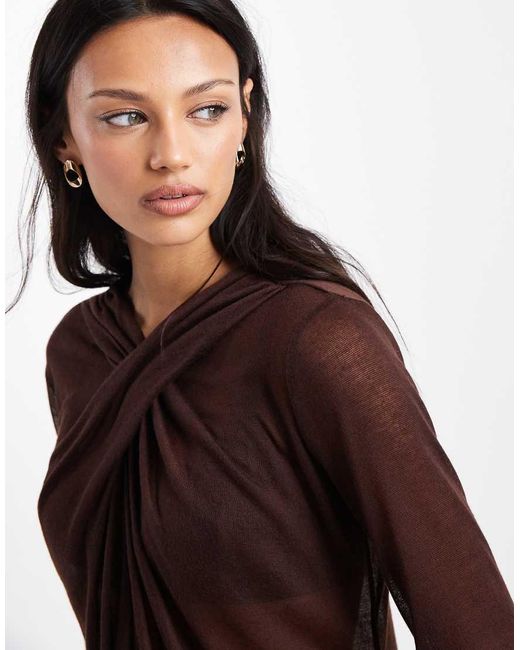 ASOS Red Knit-Look Semi Sheer Long Sleeve Top With Drape Neck