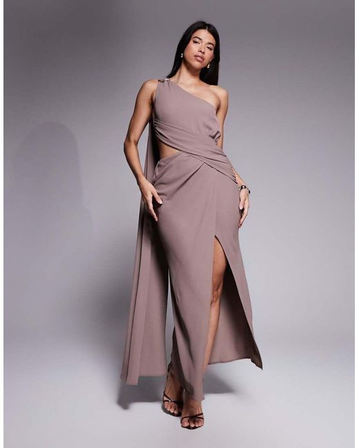 ASOS Brown Asymmetric One Shoulder Crepe Maxi Dress With Gold-tone Trim Detail