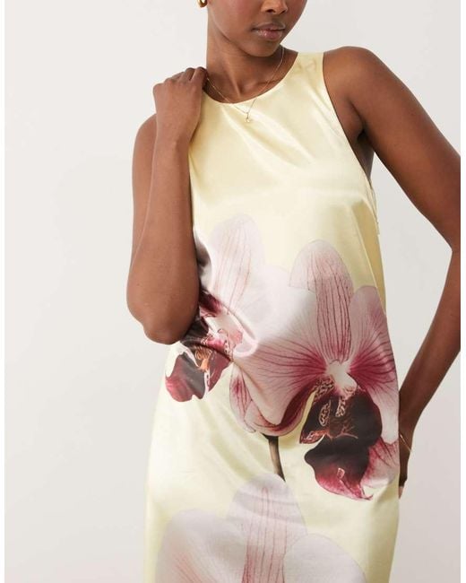 Y.A.S Natural Placement Orchid Print Satin Racer Maxi Dress