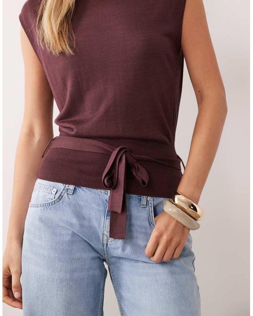 Mango Blue Sleeveless Tie Waist Knitted Top