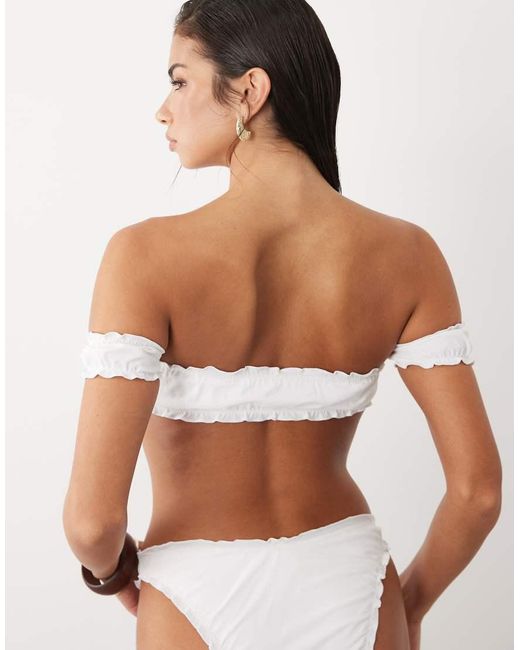 The Frolic White Exclusive Frill Ruched Off Shoulder Bikini Top Co-Ord