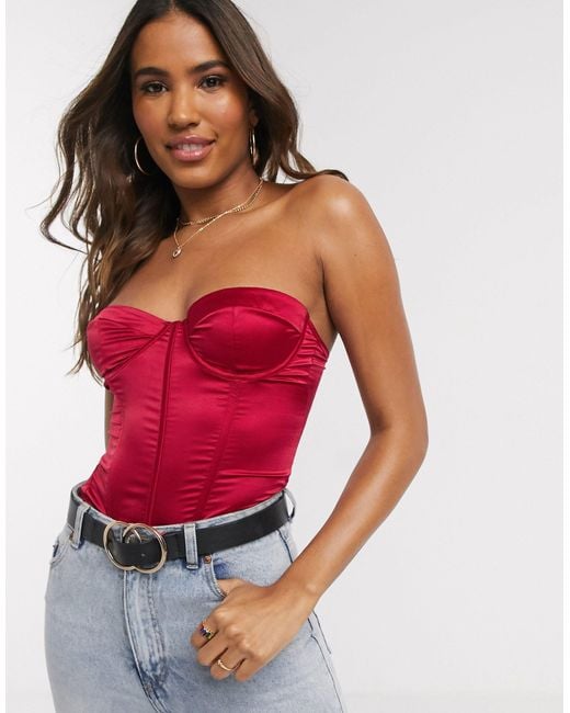 ASOS Jenna Satin Boned Corset Top With Underwire in Red