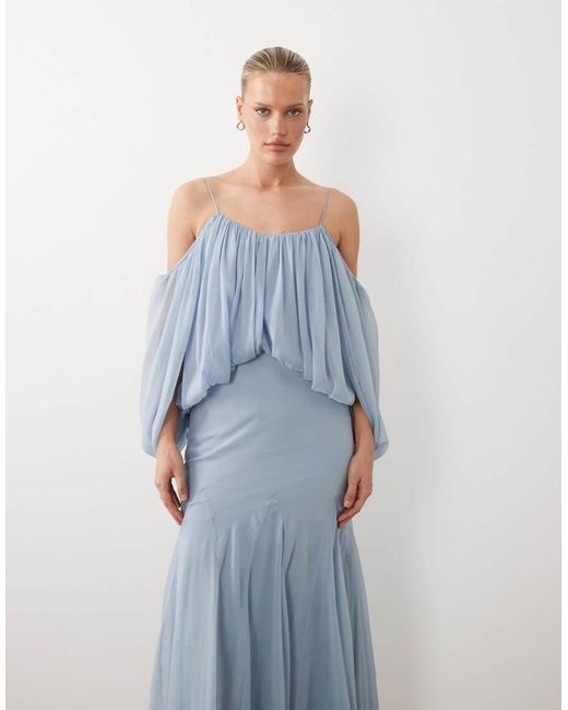 ASOS Blue Blouson Bodice Maxi Dress With Split Sleeve And Volume Godet Skirt