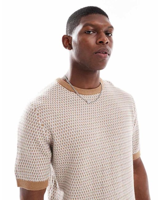 New Look Natural Retro Open Knit T-Shirt for men