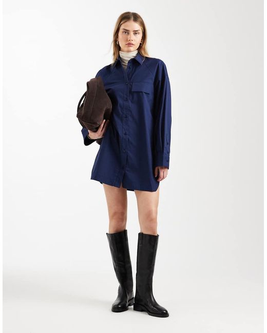 ASOS Blue Long Sleeve Mini Shirt Dress With Front Pockets