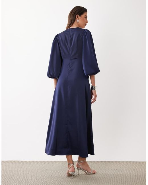 Y.A.S Blue Knot Front Volume Sleeve Satin Midi Dress