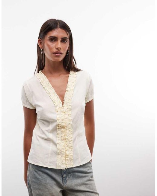 Collusion Brown Frill Detail Short Sleeve Blouse
