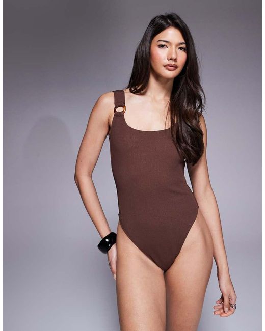 The Frolic Brown Exclusive Crinkle Resin Ring Strap Detail Scoop Neck Swimsuit