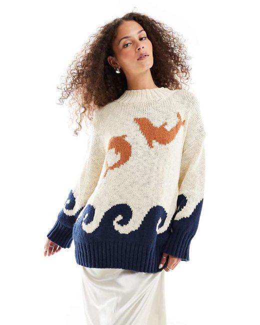 Vrg Grl Blue Ace Of Something Dolphin Intarsia Oversized Jumper
