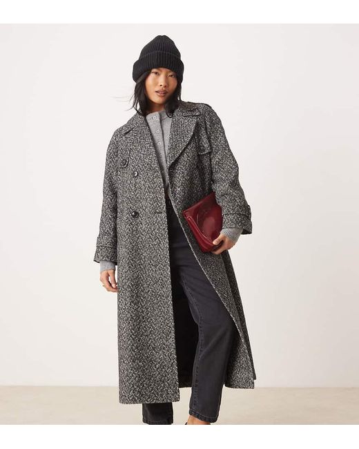 Miss Selfridge Gray Herringbone Belted Trench Coat