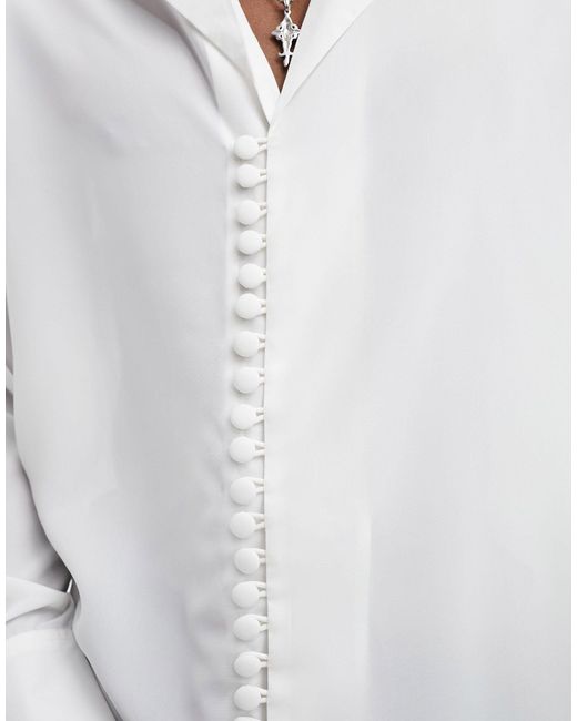 ASOS White Relaxed Deep Wide Revere Shirt With Loop Button Detail for men