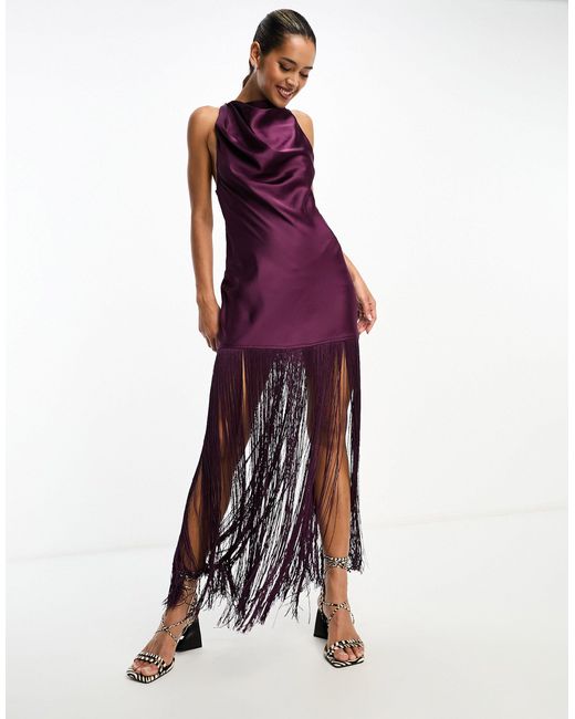 ASOS Purple Satin Halterneck Mini Dress With Fringe Hem