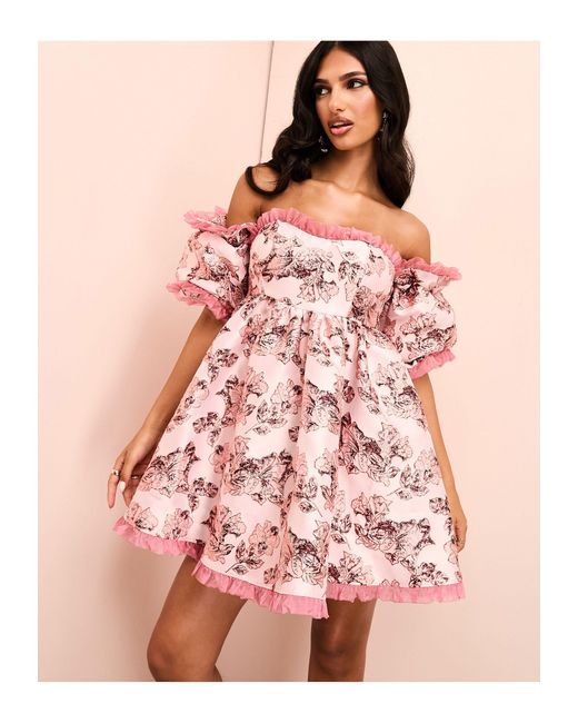 ASOS Floral Jacquard Off Shoulder Puff Sleeve Mini Skater Dress With  Organza Trim in Pink | Lyst UK
