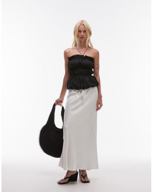 Mango Black Featuring Kaia Gerber Premium Cotton Shirred Bandeau Top With Bubble Hem