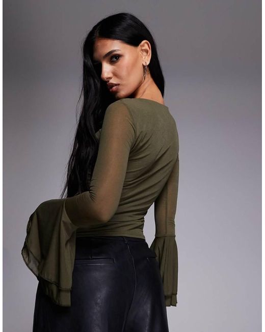 ASOS Gray Mesh Slinky Long Sleeve Top With Flare Sleeve Detail