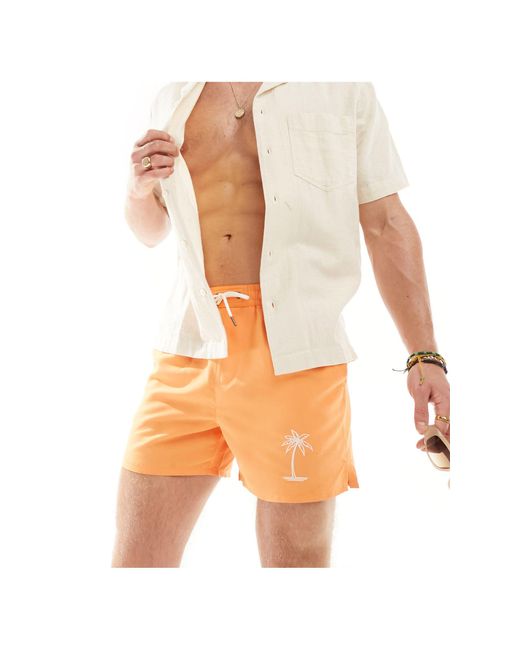 Another Influence Orange Swim Shorts With Palm Embroidery for men