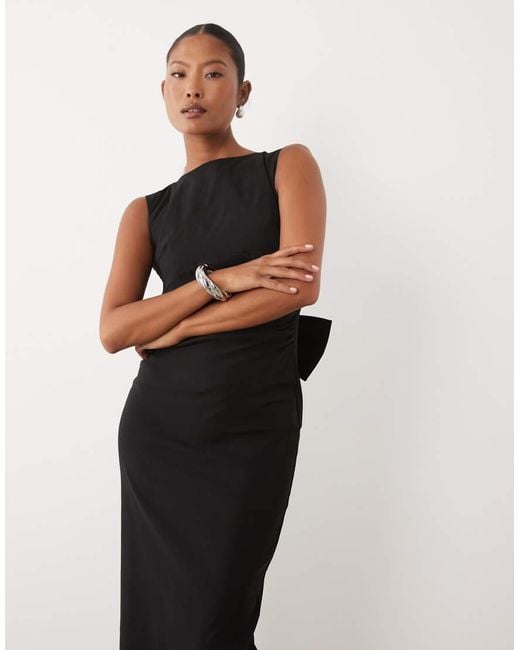 TFNC London Black Bengaline Slash Neck Open Back Bow Detail Maxi Dress