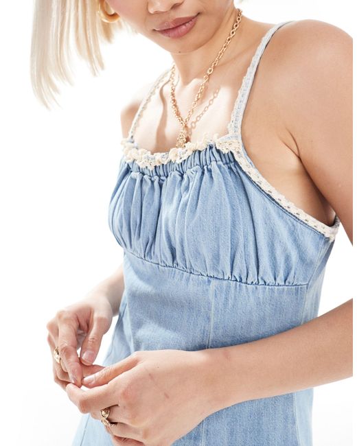 ASOS Blue Denim Mini Cami Dress With Ruched Bust And Crochet Strap Detail