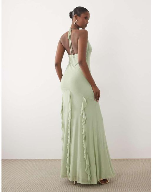 ASOS Green Mesh Frill Maxi Dress With Halter Straps