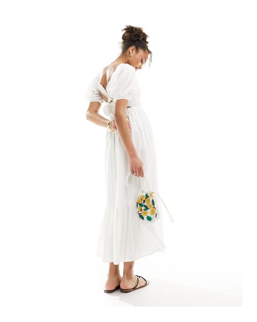 ASOS White Cotton Dobby Midi Dress With Lace Up Back