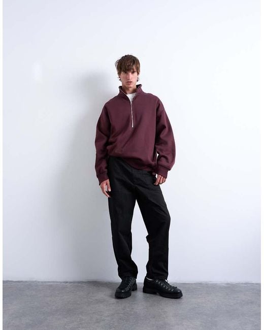 Topman Purple Premium Oversized Fit Quarter Zip Funnel Neck for men