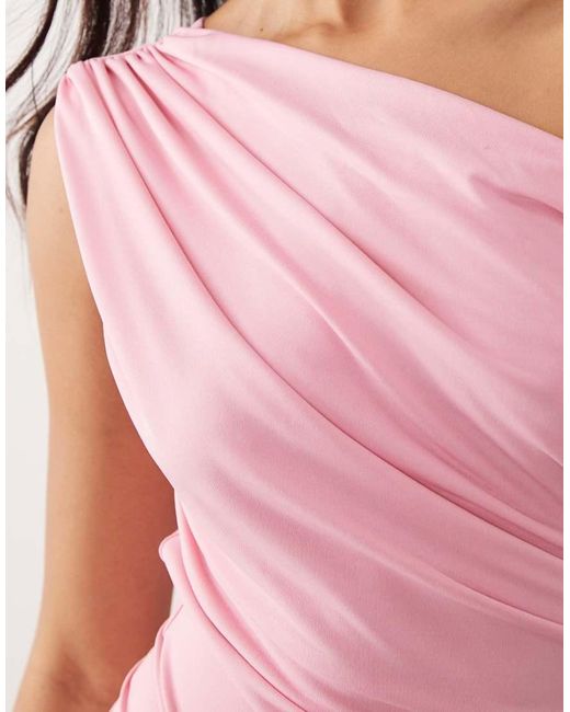 TFNC London Pink Slinky Draped One Shoulder Maxi Dress